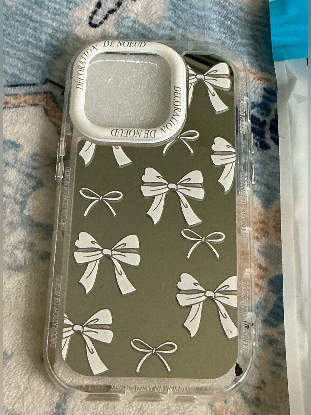 Clear Decorative Phone Case with White Bow Pattern & Mirror Background -IP14 Pro